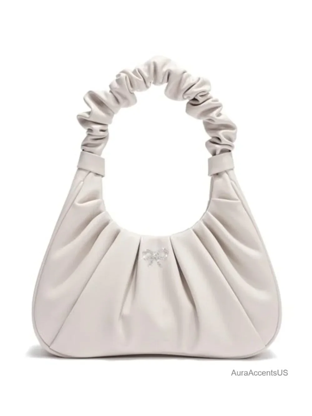 Crescent Ruched Hobo Bag with Rhinestone Bow - Vegan Leather Shoulder Purse